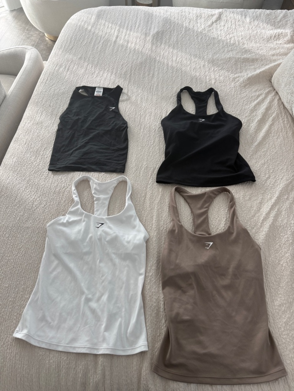 Gymshark Racerback Tank Tops – Black, White, Taupe